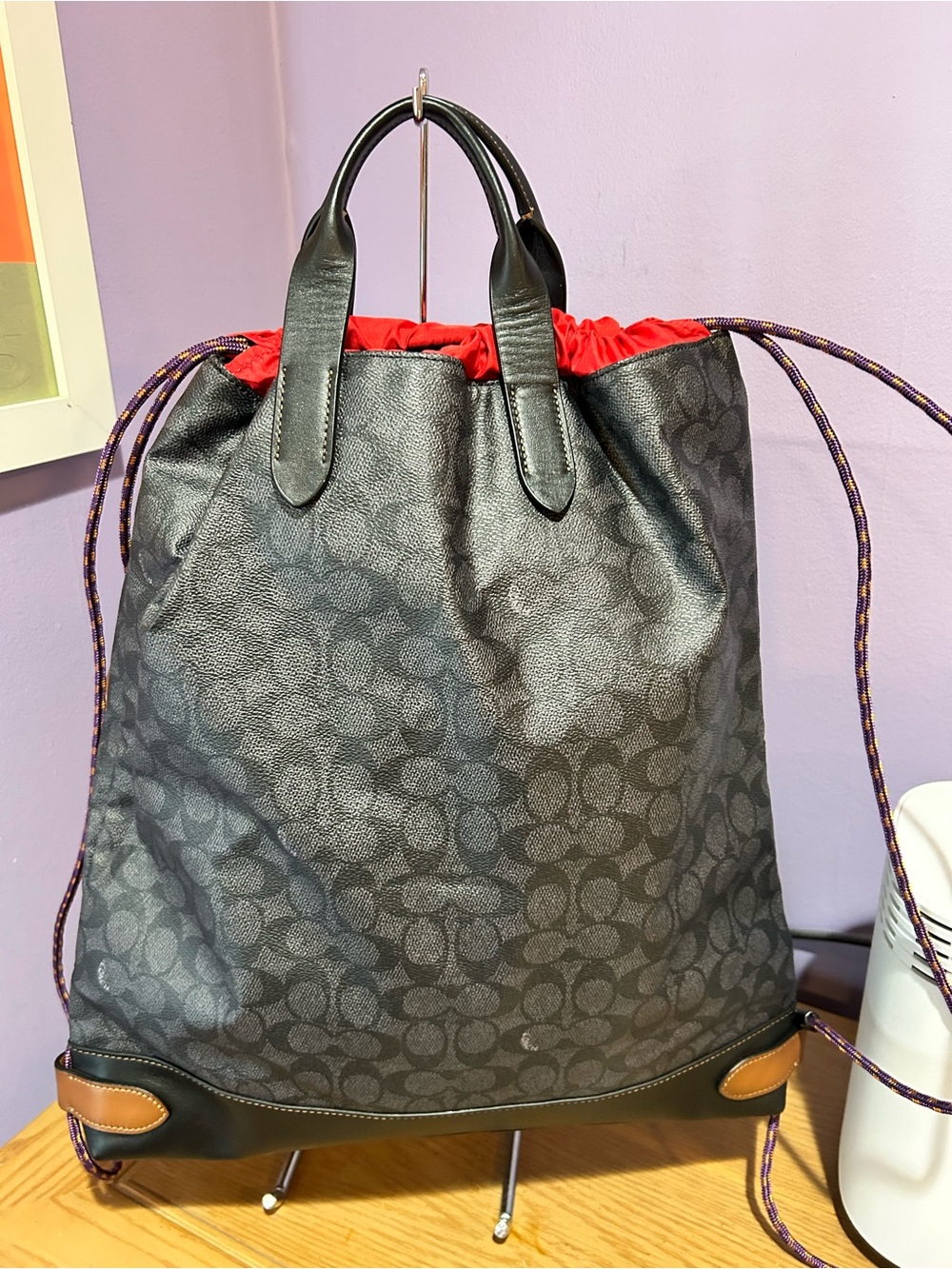 New Coach Academy Drawstring Backpack Canvas Leather Unisex 69327 Gray Black - Picture 2 of 7